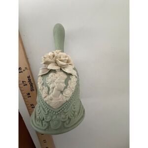 vtg. JTS international jasperware mint green ivory cameo bell